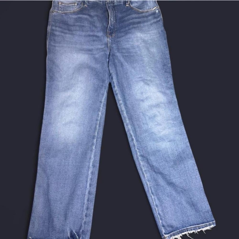 Good American high rise straight leg jeans size 14 medium wash raw hem stretch